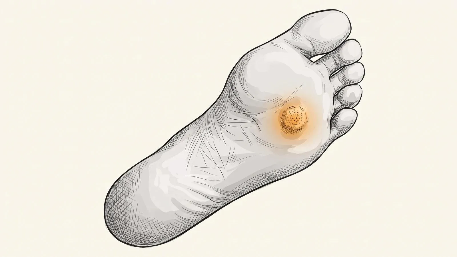Illustration of the sole of a foot with a small rough verruca on the ball of the foot, highlighted in orange