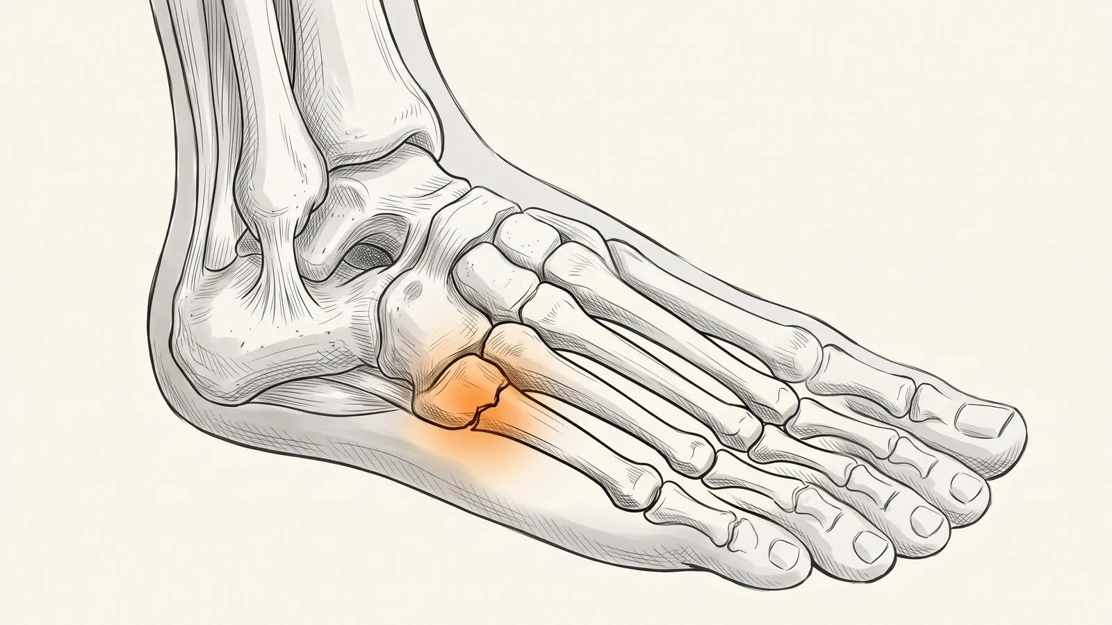 Illustration of the bones of the foot, with a break at the base of the long bone on the outer edge highlighted in orange