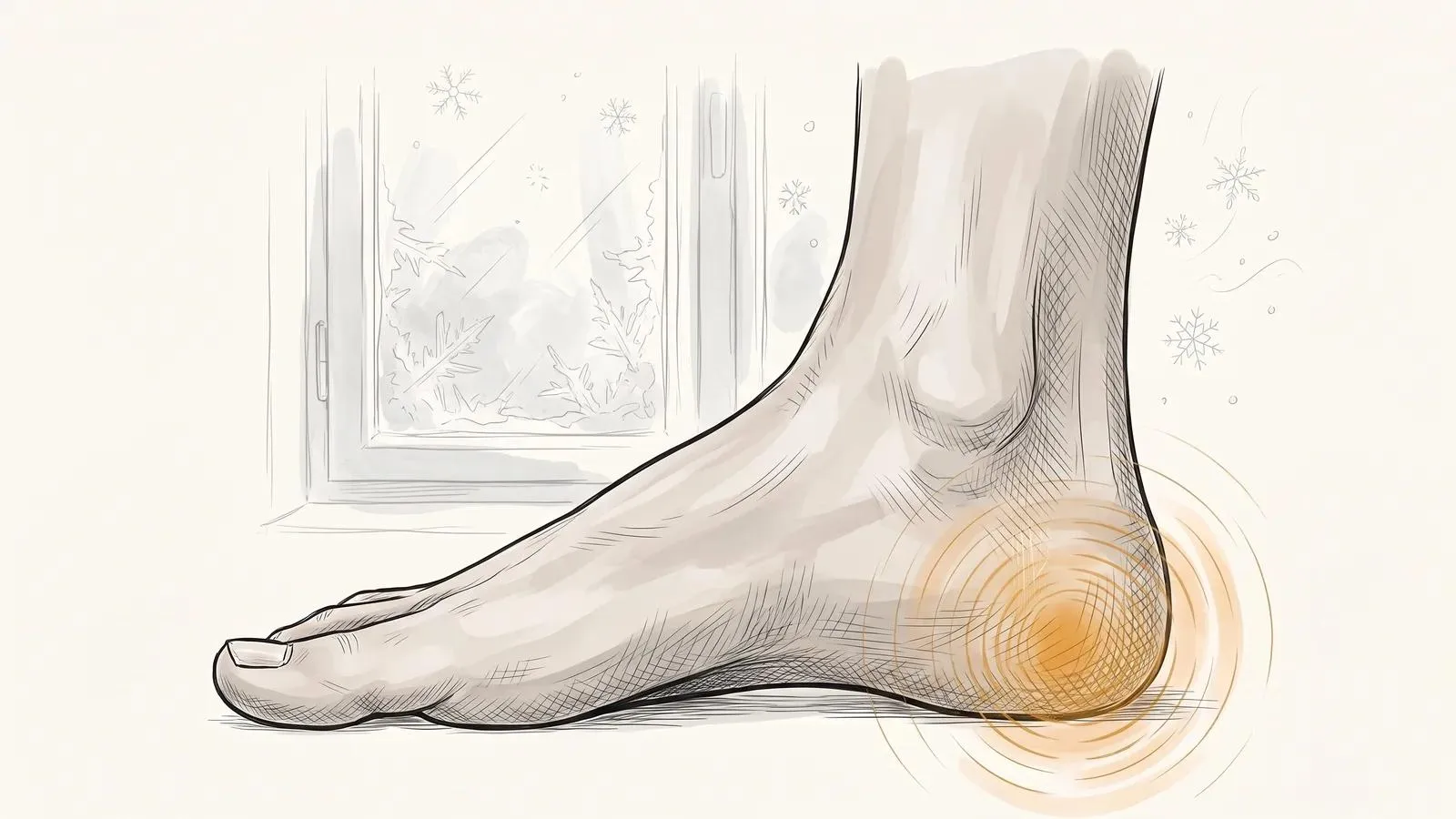Illustration of a bare foot in side profile with orange pain rings radiating from the heel, a frosty window sketched behind