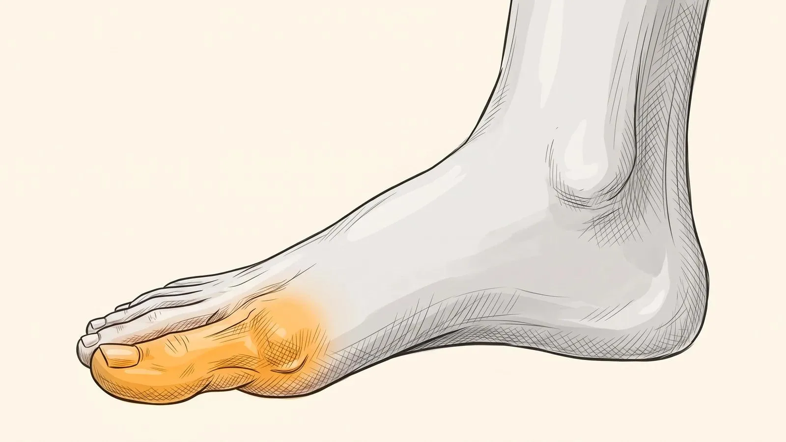 Illustration of a bare foot in side profile with the big toe and its joint glowing orange
