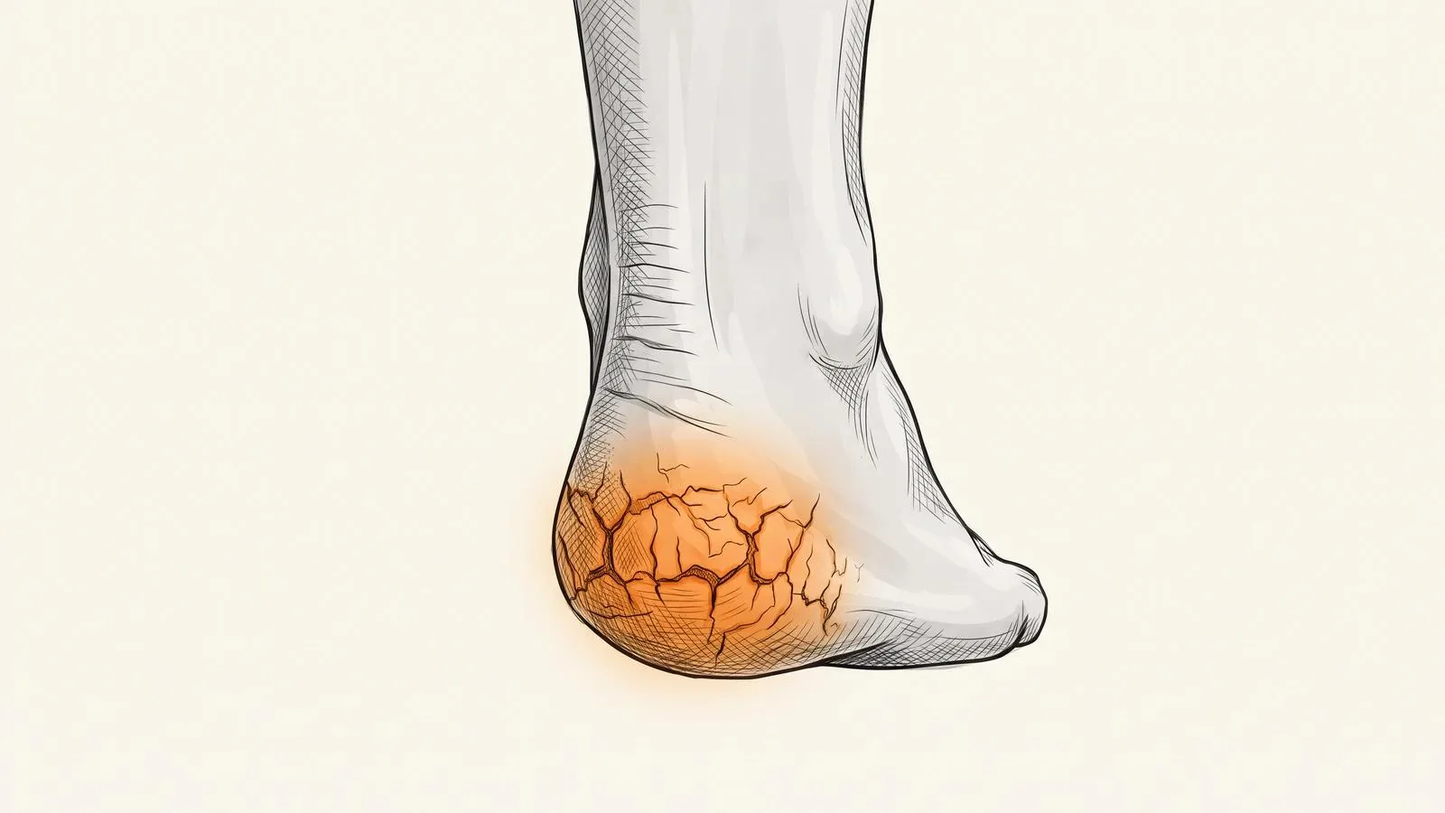 Illustration of the back of a heel with dry, cracked skin, glowing orange