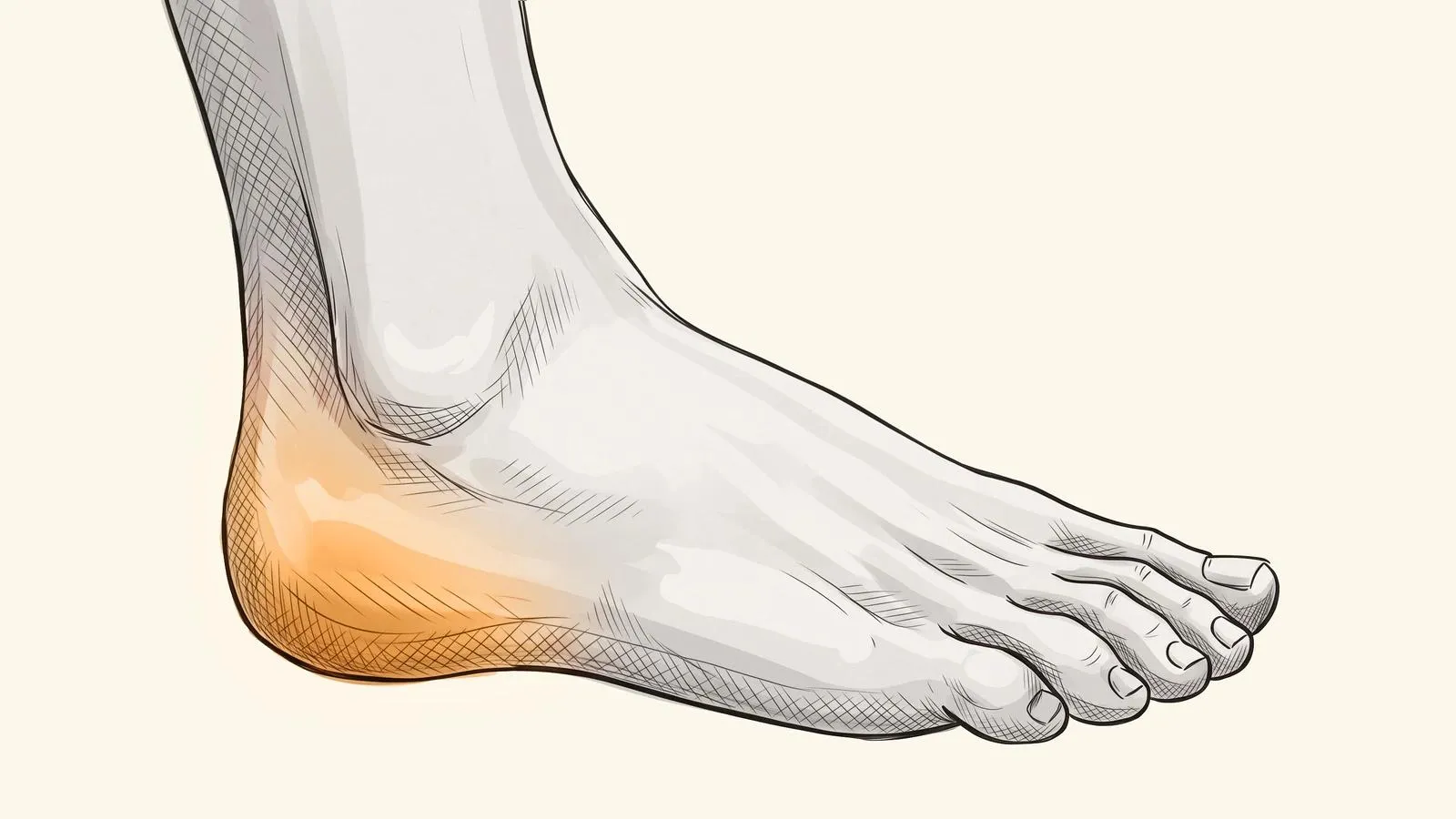 Illustration of a bare foot in side profile with the heel glowing orange