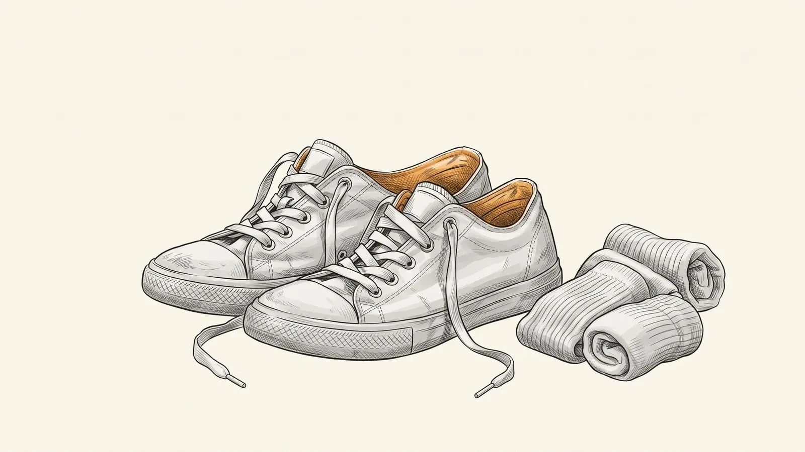 Illustration of a pair of sneakers with laces undone and rolled socks beside them, the insides of the shoes tinted orange