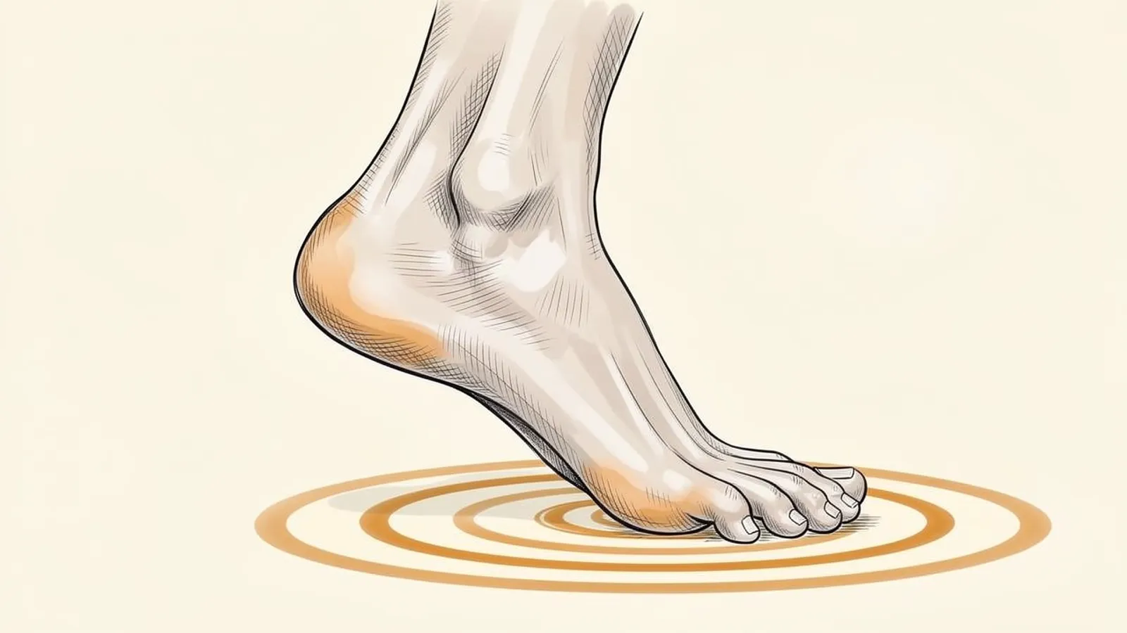 Illustration of a foot rising onto the ball of the foot, with orange rings radiating from the point of pressure under the forefoot