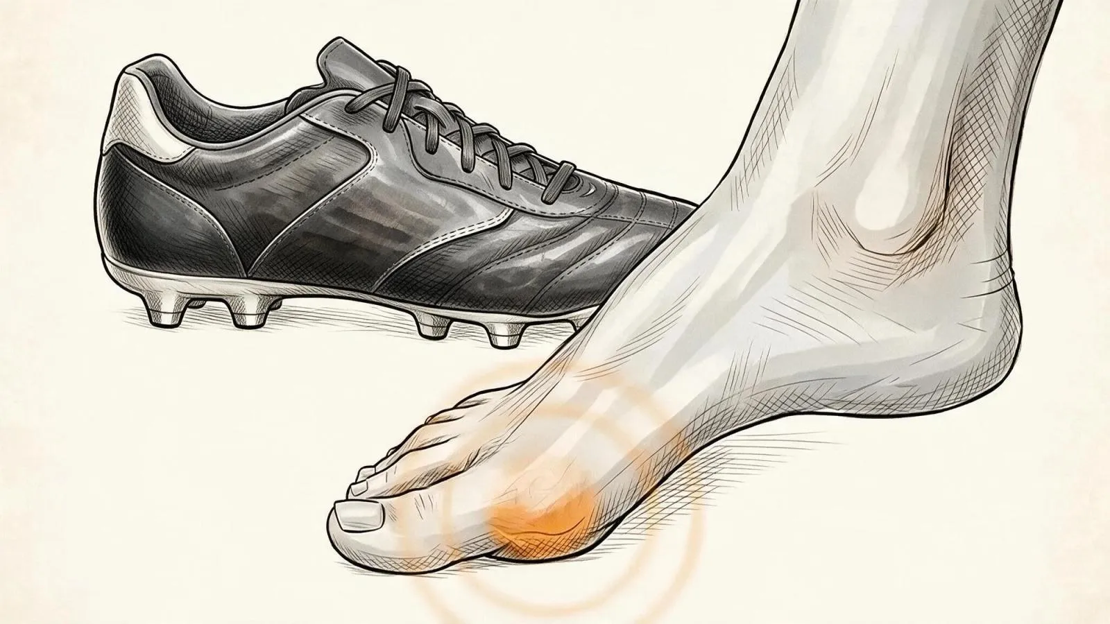 Illustration of a bare foot pushing off the ground with the heel raised and the big toe bent upward, orange pain rings around the base of the big toe, a studded sports boot behind