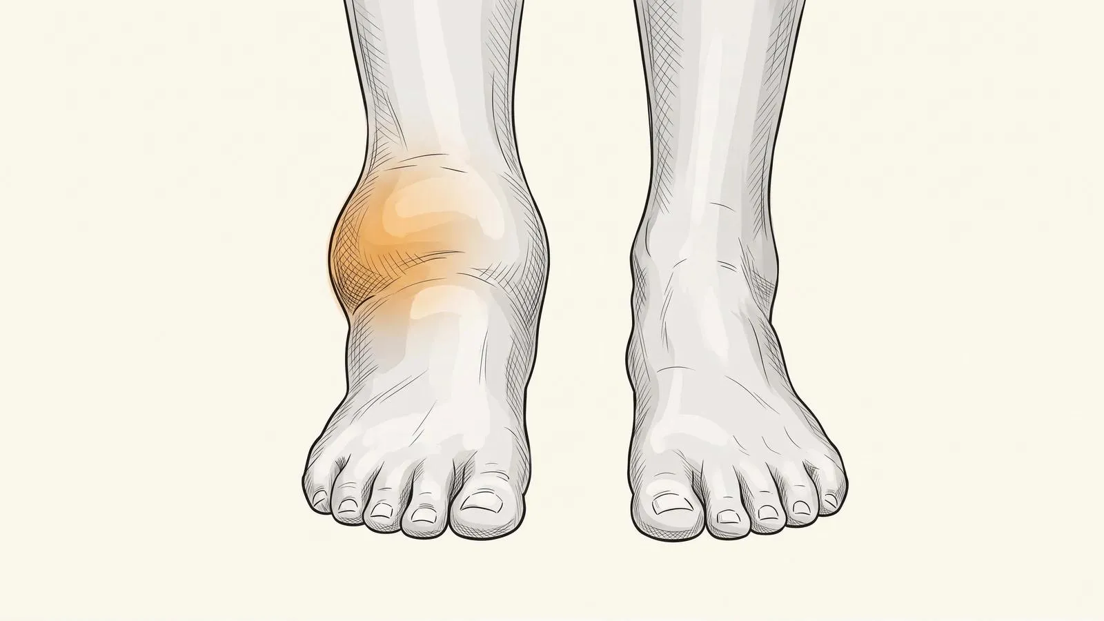 Illustration of two feet side by side, one ankle swollen and glowing orange