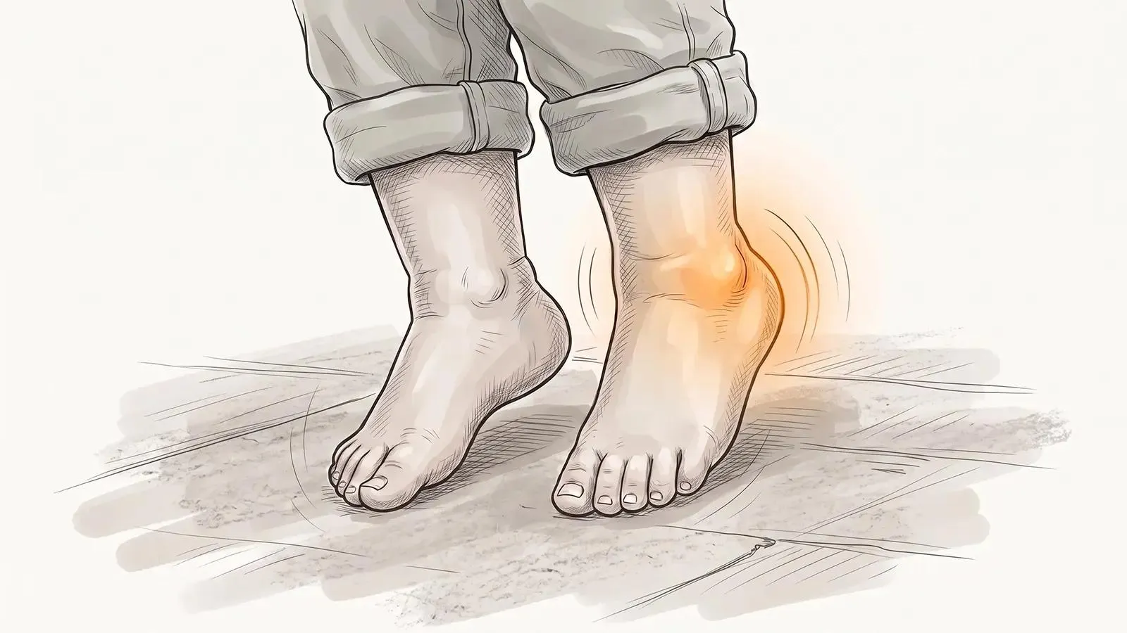 Illustration of a young child's lower legs and bare feet mid-jump, with a warm orange glow around one heel