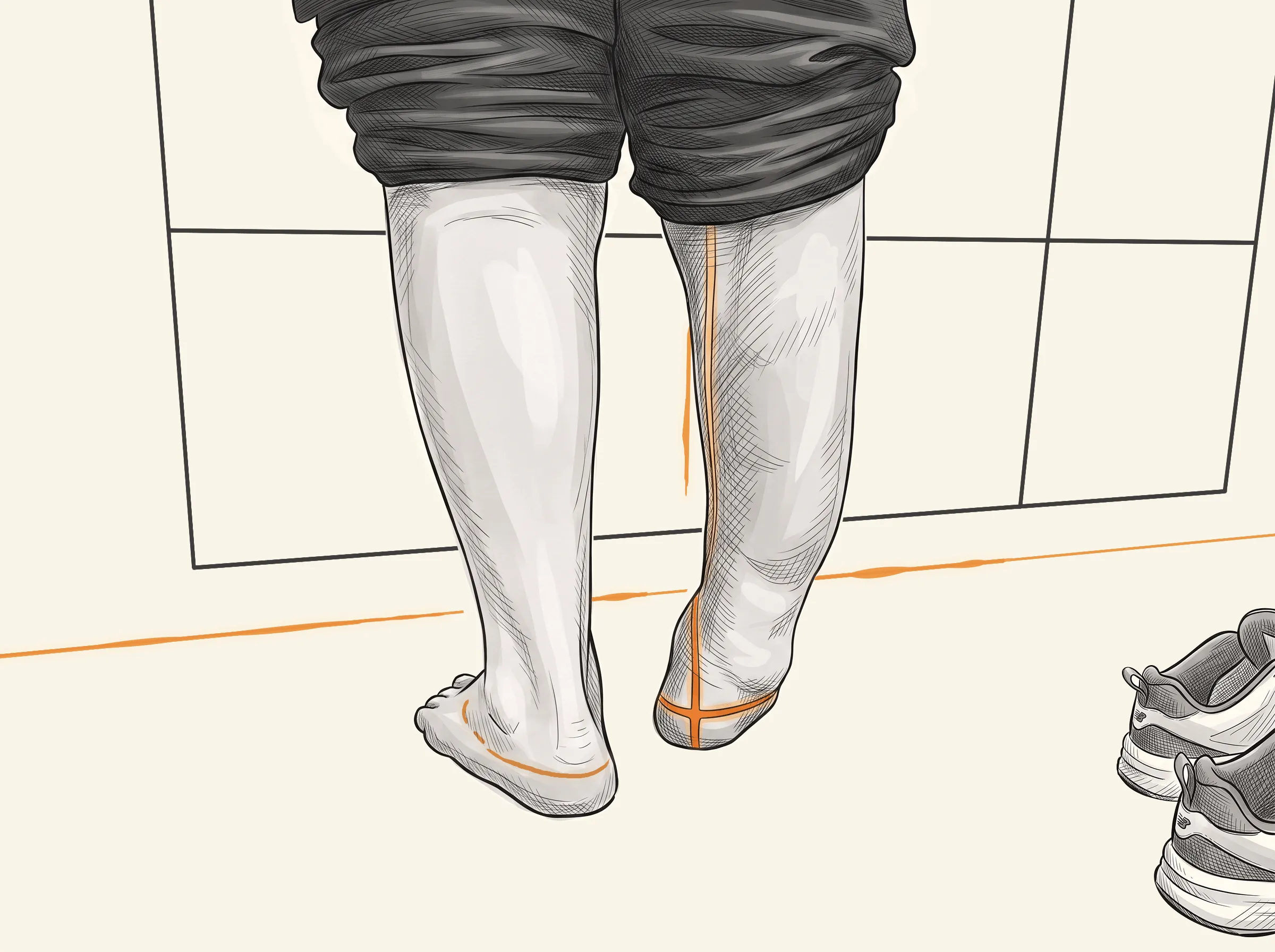 Illustration of a person walking indoors in orthotic slippers, their shoes set aside on the floor behind them