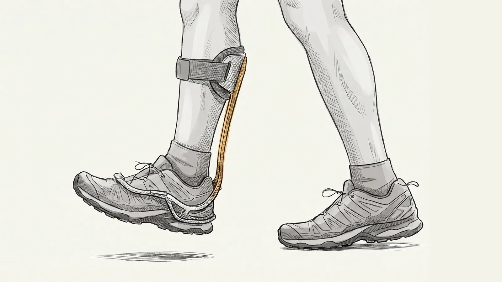 Illustration of an ankle-foot orthosis fitted closely to the ankle, showing how the strap and shell support the foot