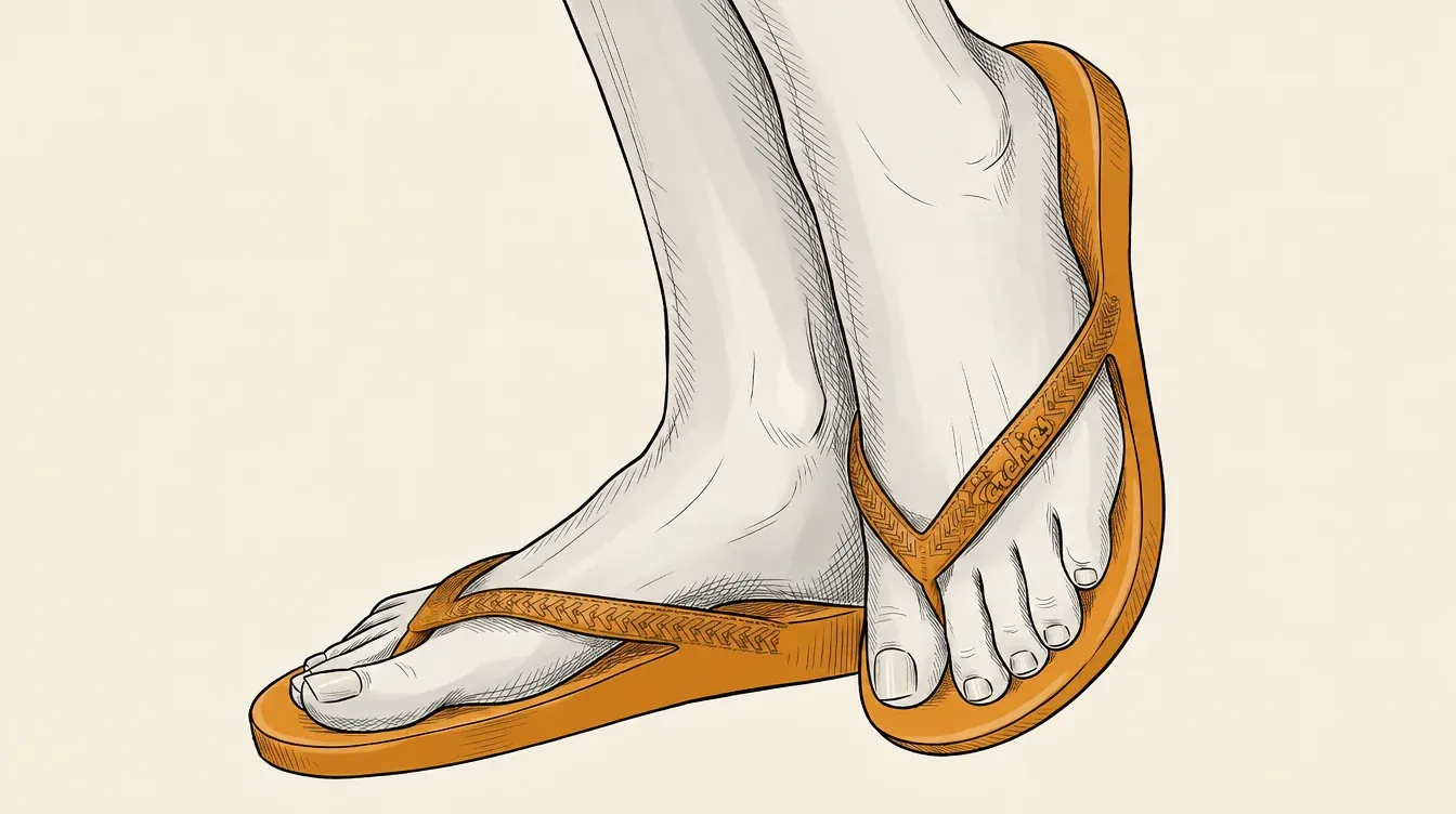 Illustration of a pair of feet in orange Archies jandals, showing the raised heel, contoured arch and cupped heel of the footbed