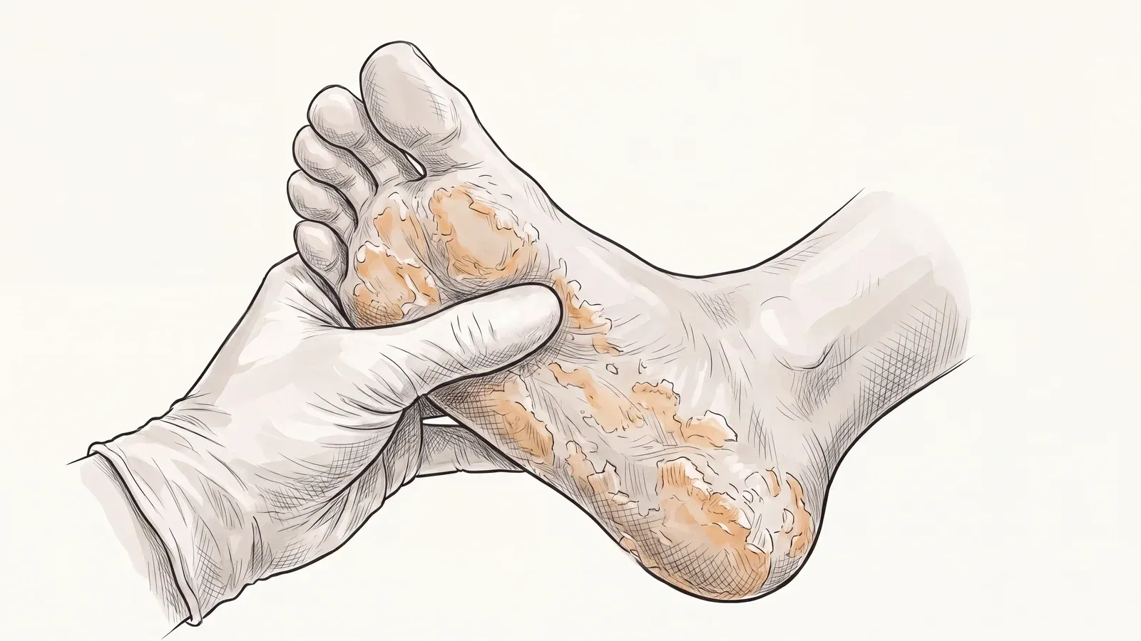 Illustration of dry, peeling skin on the sole of the foot being examined