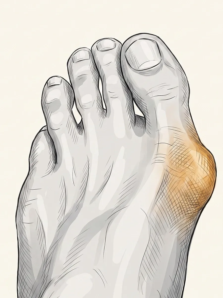 Illustration of a foot with a bunion, a bony bump at the base of the big toe