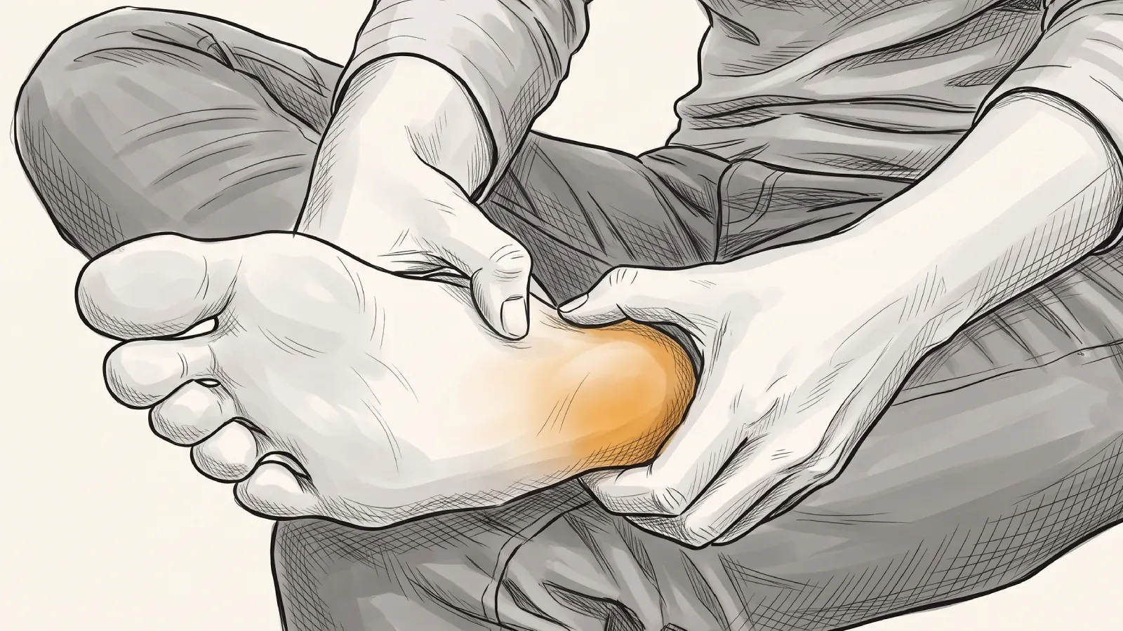 Illustration of a person holding the sole of their bare foot, with the underside of the heel glowing orange