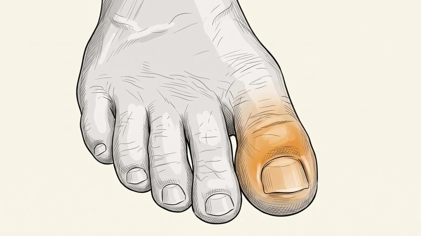 Illustration of toes from above, with the big toenail and the skin around it glowing orange