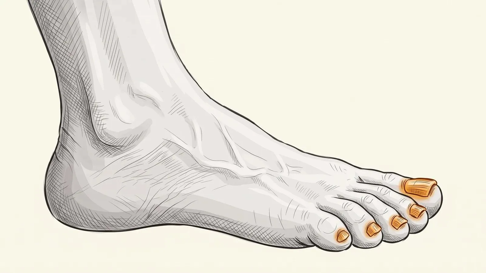 Illustration of an older adult's foot in side profile with the thickened toenails highlighted in orange