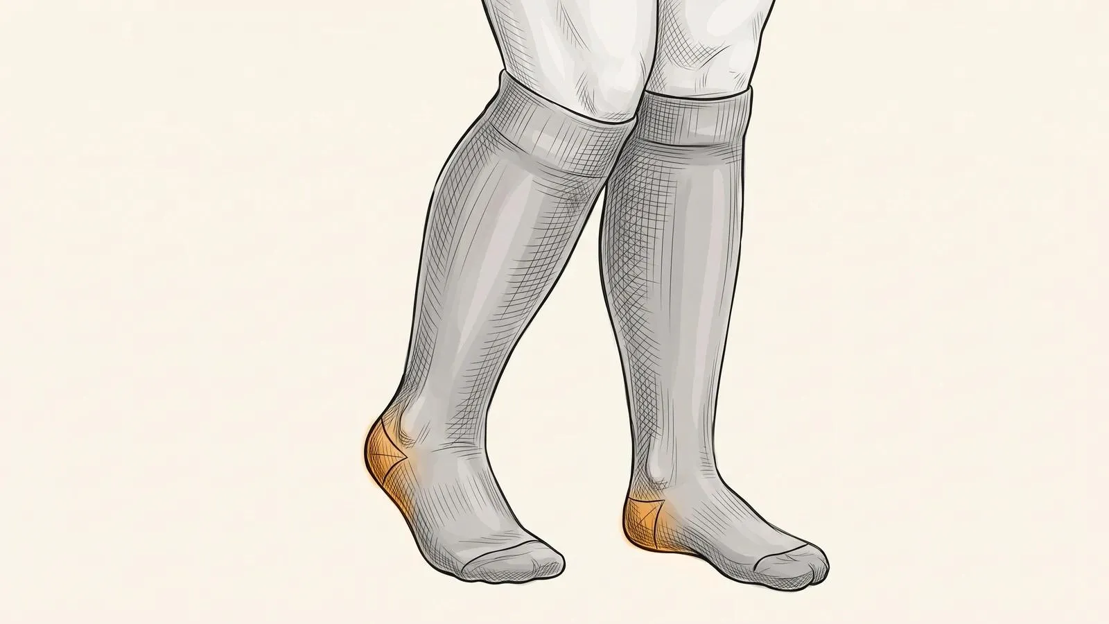 Illustration of both lower legs in knee high compression socks, with an orange glow at each heel