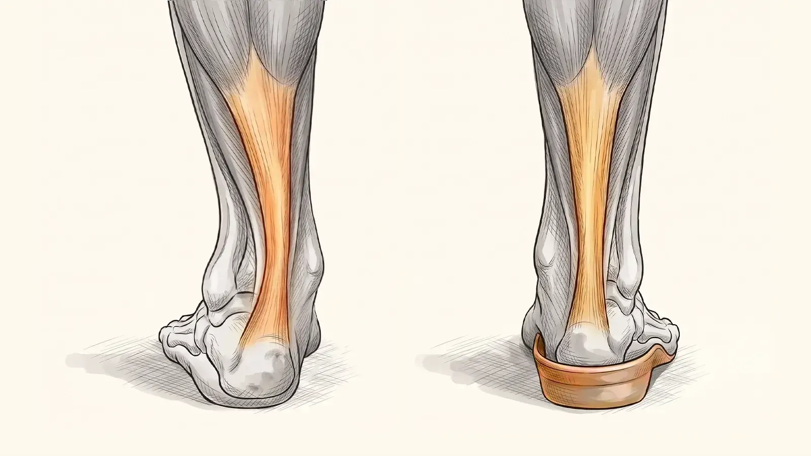 Illustration of a foot resting on a custom orthotic, showing its contoured arch support and heel cup structure