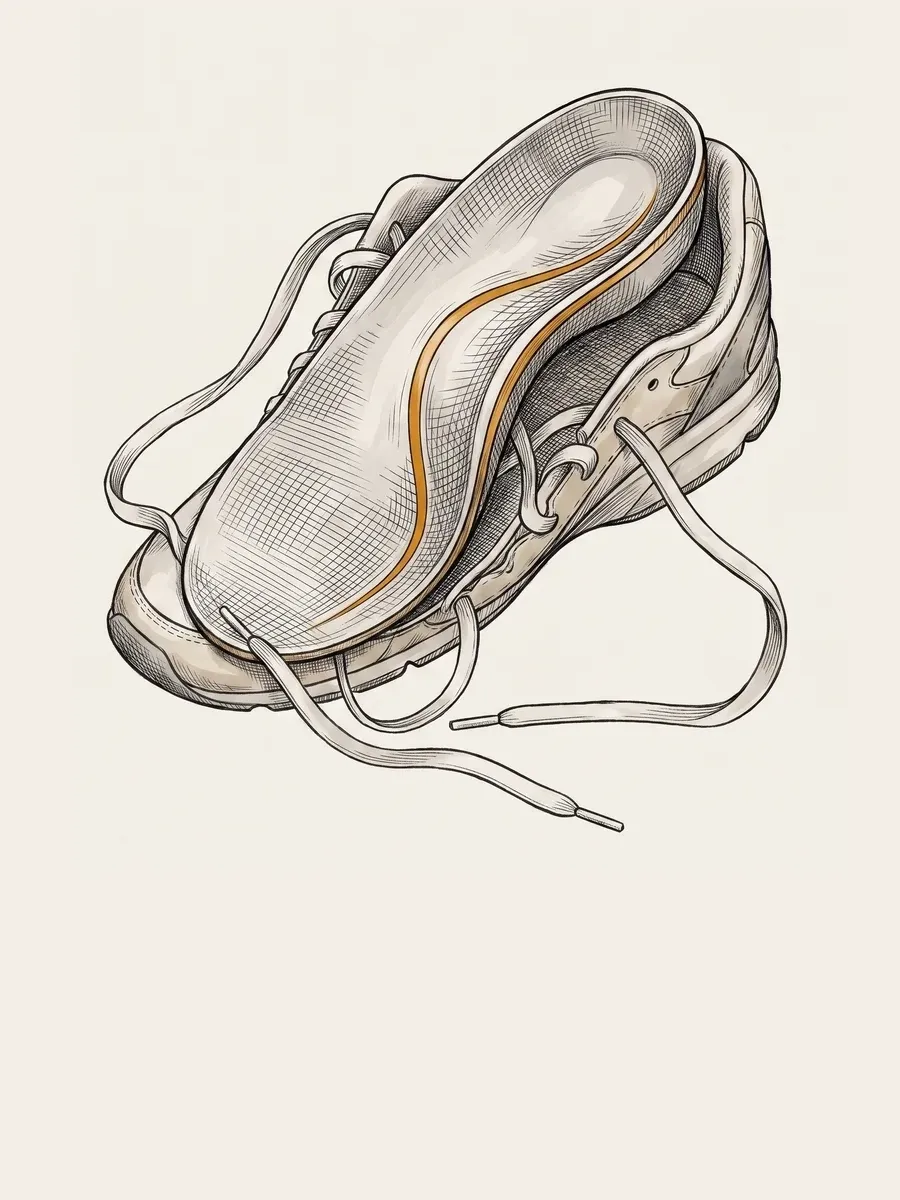 Illustration of a custom foot orthotic with a contoured arch and heel cup resting inside an open shoe