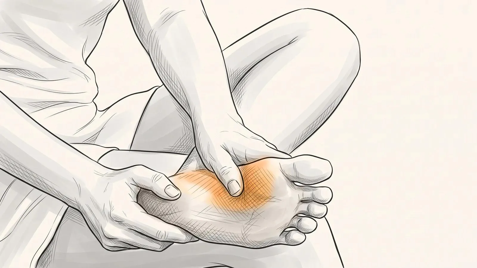 Illustration of a person sitting cross-legged, pressing on the inner arch of their foot, which glows orange