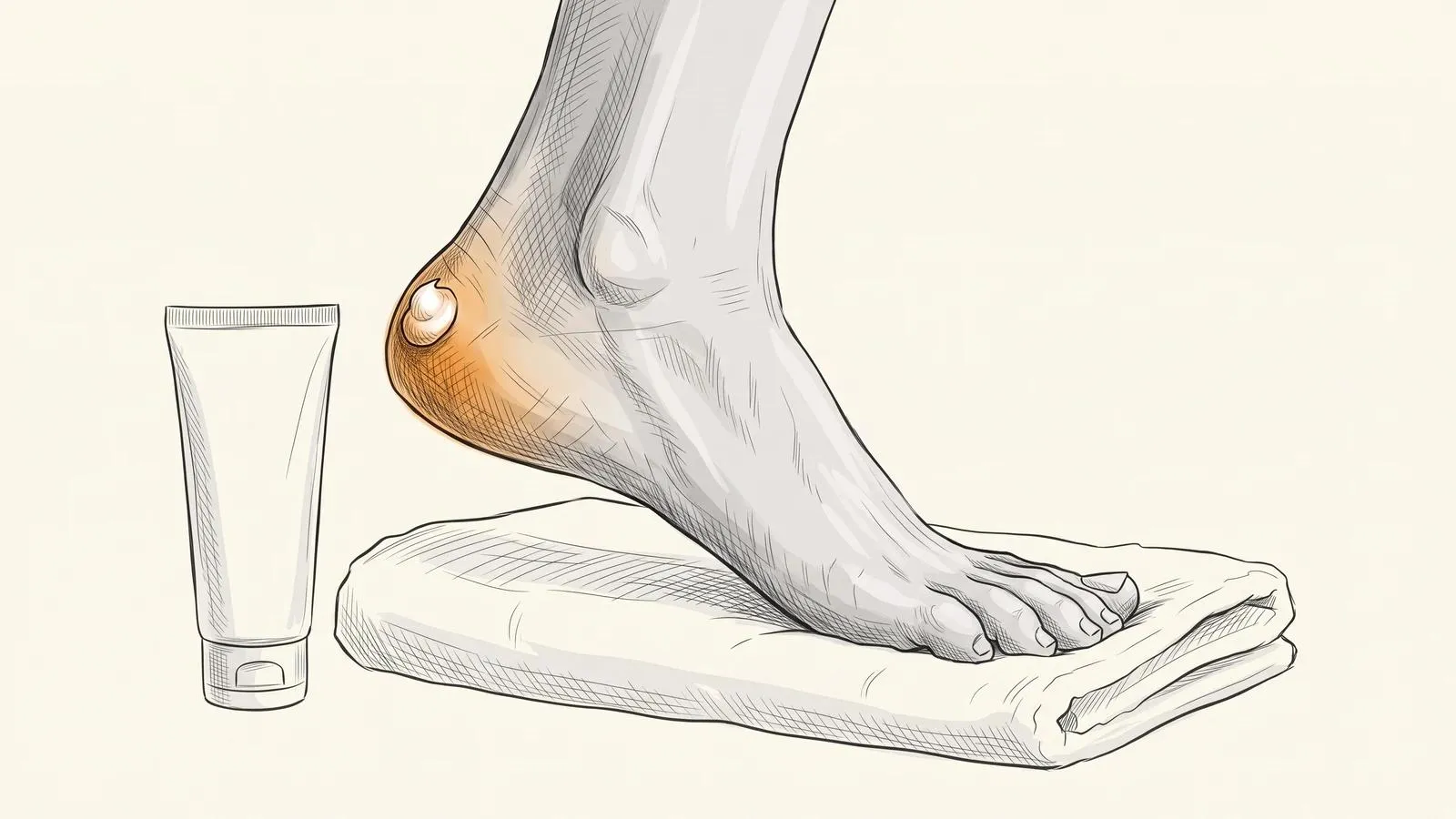 Illustration of a bare foot on a folded towel beside a tube of cream, with a dab of cream on the heel and an orange glow around it
