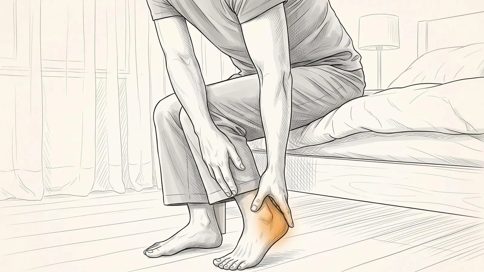 Illustration of a person sitting on the edge of their bed in the morning, holding the back of their heel, which glows orange