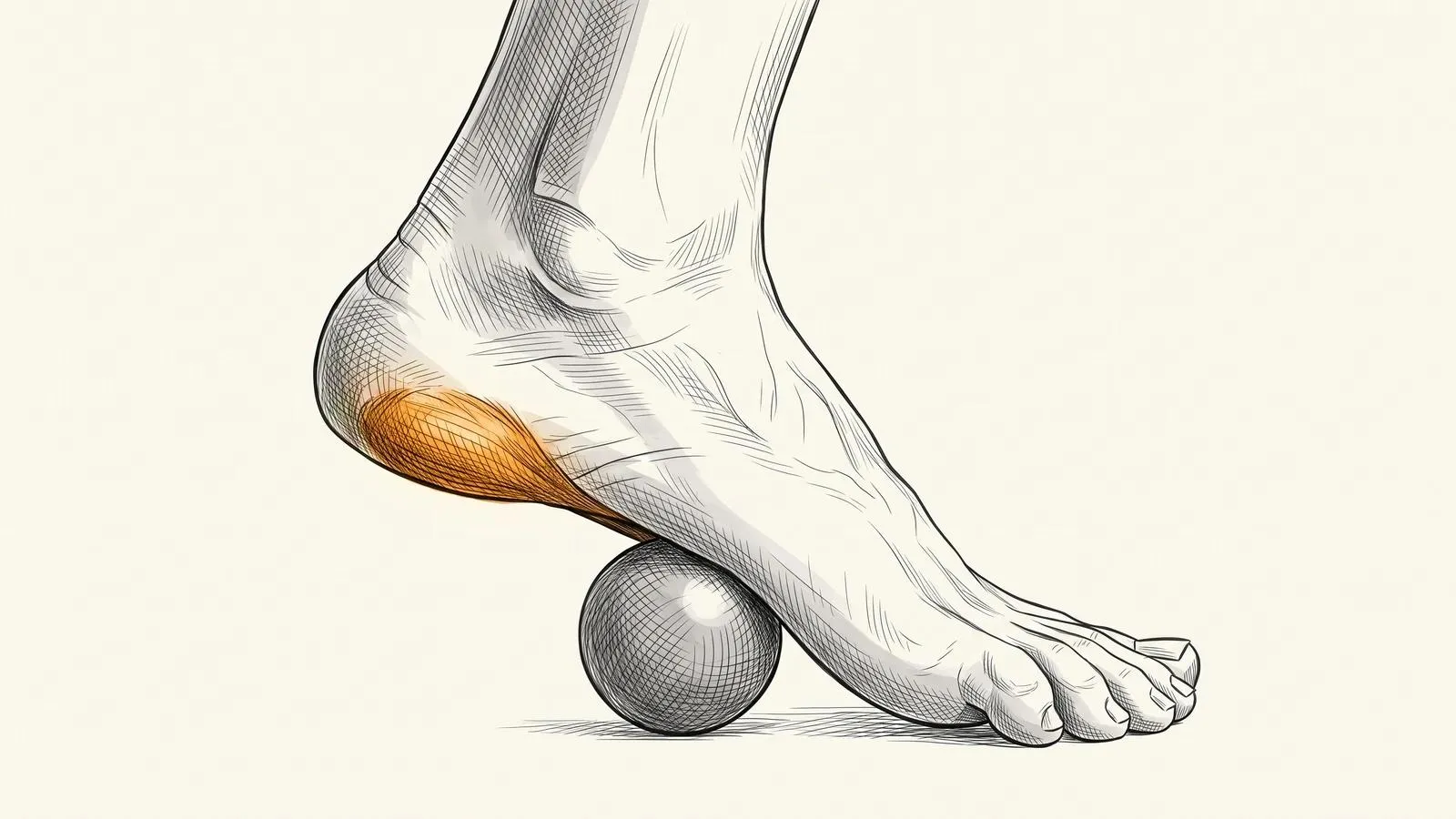 Illustration of a foot rolling its arch over a small massage ball, with an orange glow under the heel