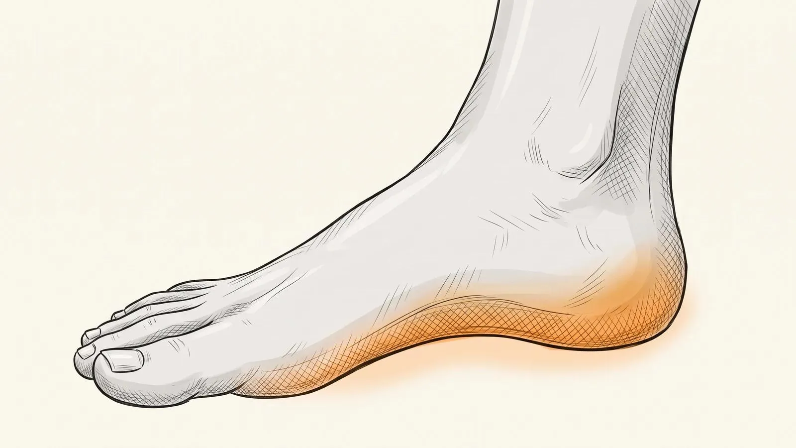 Illustration of a bare foot standing flat, with an orange glow along the sole from the heel to the arch