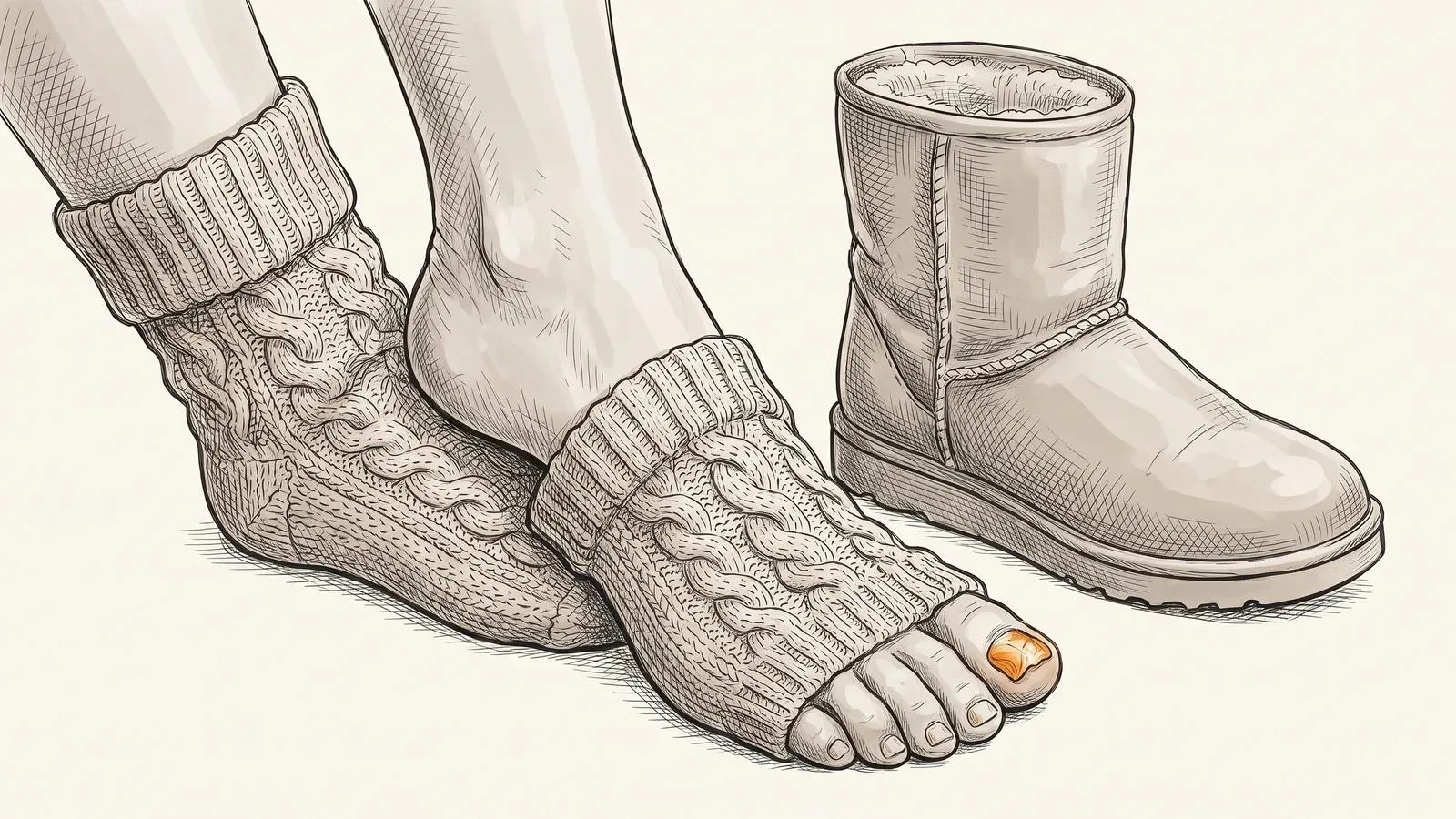 Illustration of a foot in a knitted winter sock beside a warm lined boot, with one discoloured big toenail highlighted in orange