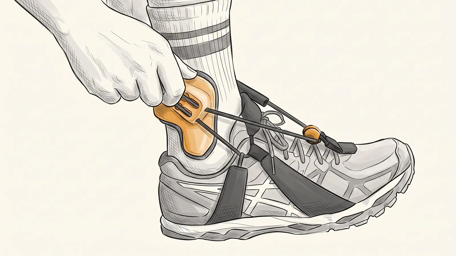 Illustration of an EXO-L UP being fitted, its cords running from the heel piece to the anchor at the shoe's laces