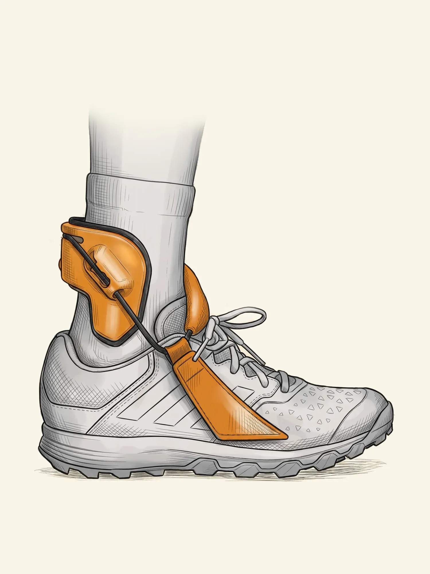 The EXO-L ankle brace worn on the outside of the ankle, its strap anchored to the shoe