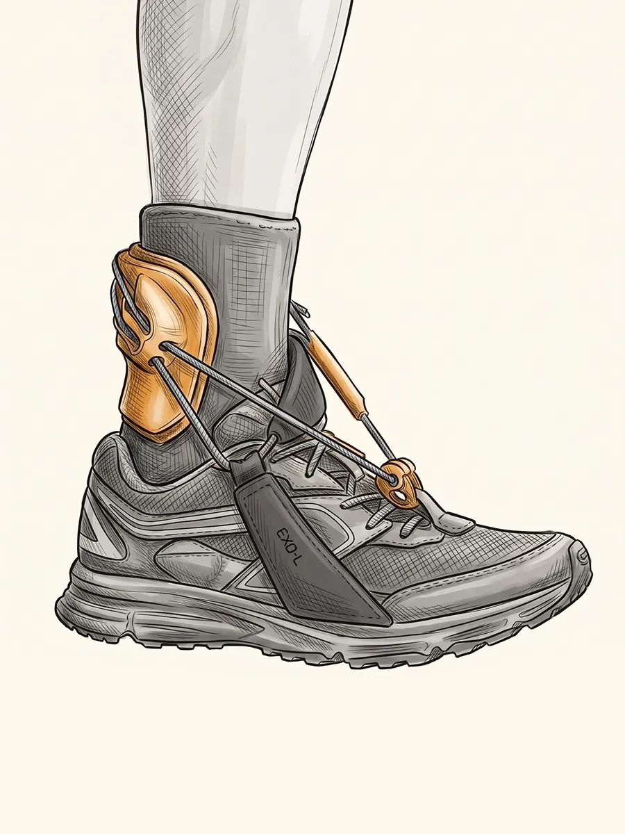 Illustration of the EXO-L UP brace worn behind the ankle, its cords running forward over the shoe's laces
