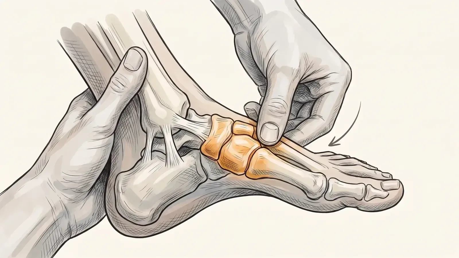 Illustration of a clinician's hands applying a manual mobilising force to a joint in the foot and ankle