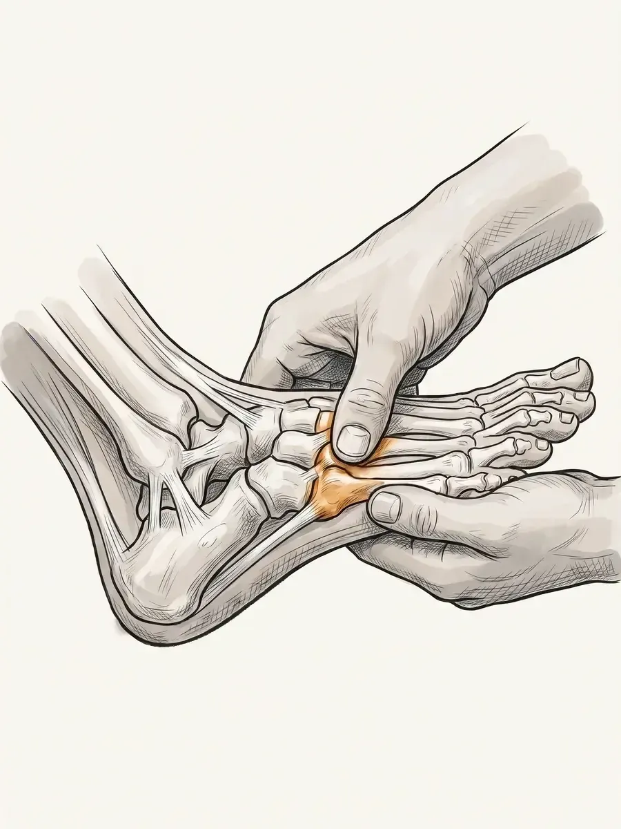 Illustration of a clinician's hands performing a foot mobilisation technique on the midfoot joint