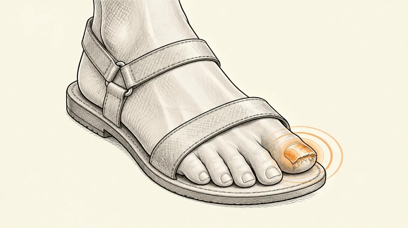 Illustration of a fungal toenail in an open sandal, with the thickened yellow big toenail highlighted in orange on an otherwise bare foot