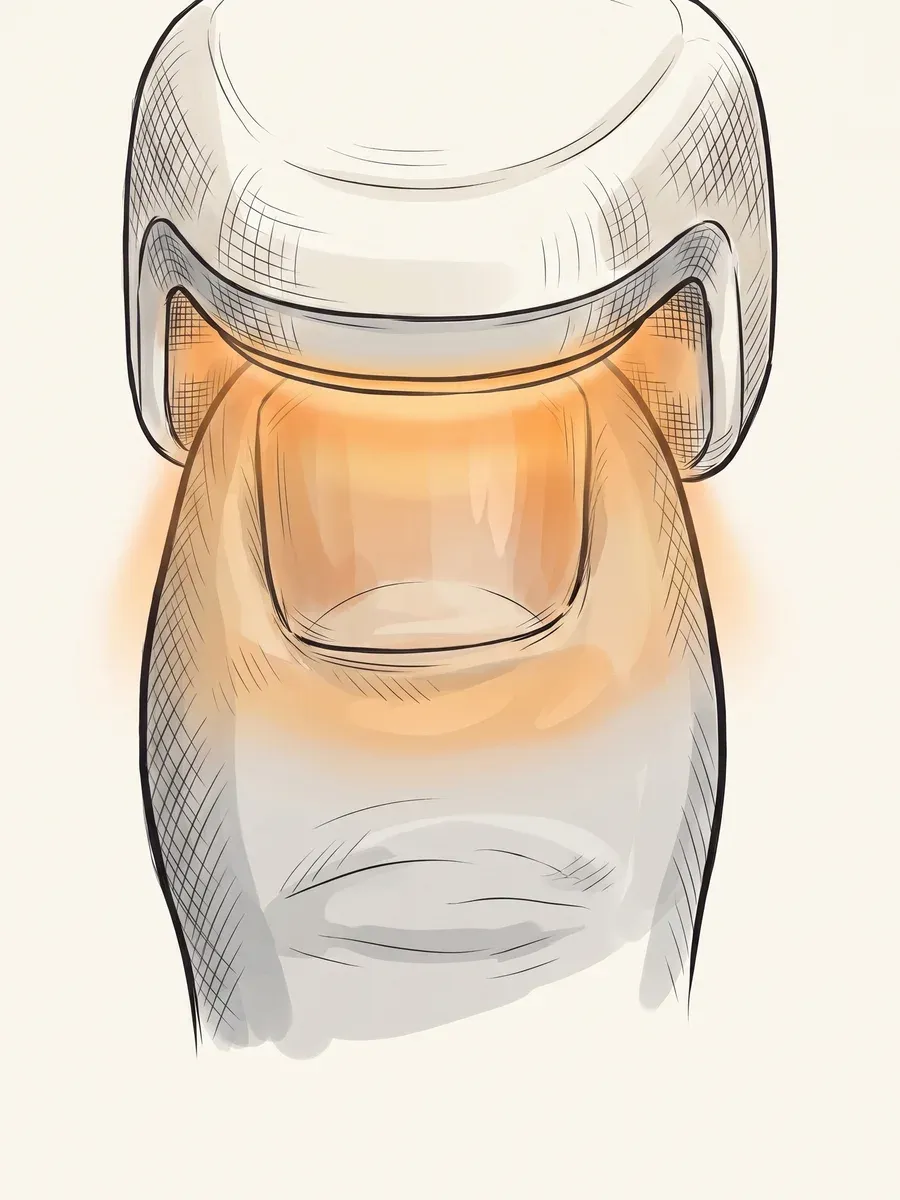 Illustration of the Lunula Laser device positioned over a toenail, with warm laser light glowing onto the nail bed