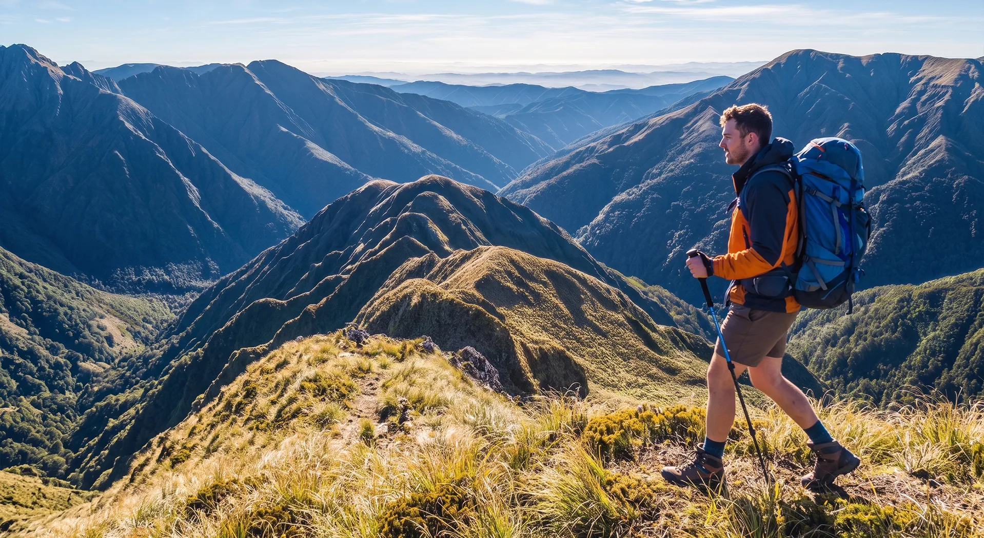 A hiker on a mountain ridge overlooking the Wairarapa ranges