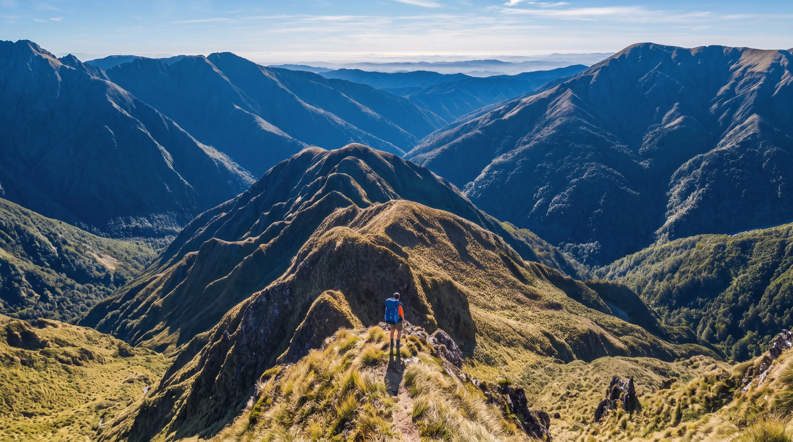 A tramper with a pack on a tussock ridge above bush-clad Wairarapa valleys