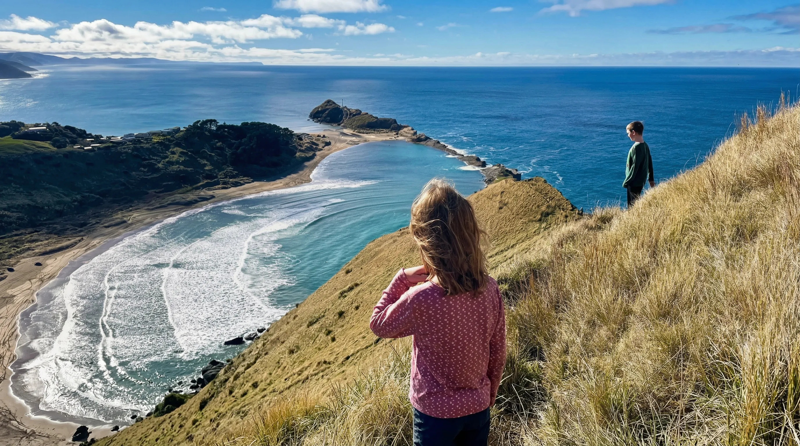 A woman and a boy on a grassy headland above Castlepoint, looking out over the beach and lagoon