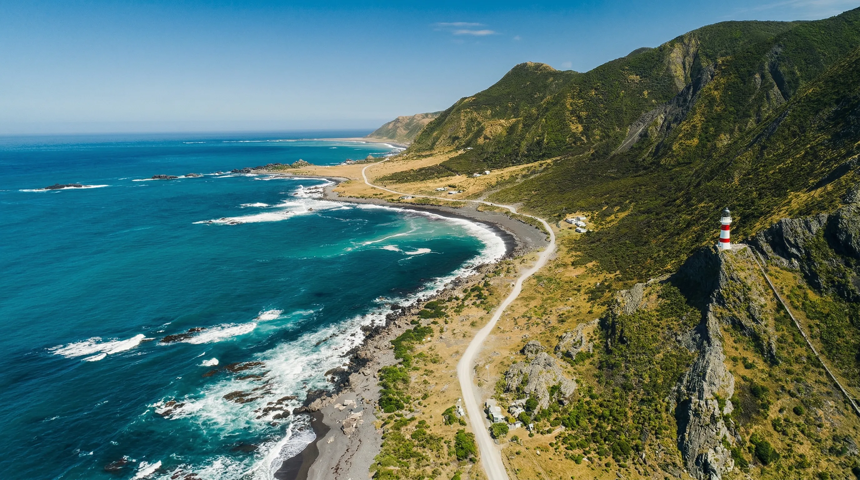 An aerial view of the Cape Palliser lighthouse on the Wairarapa coastline, with the road leading in
