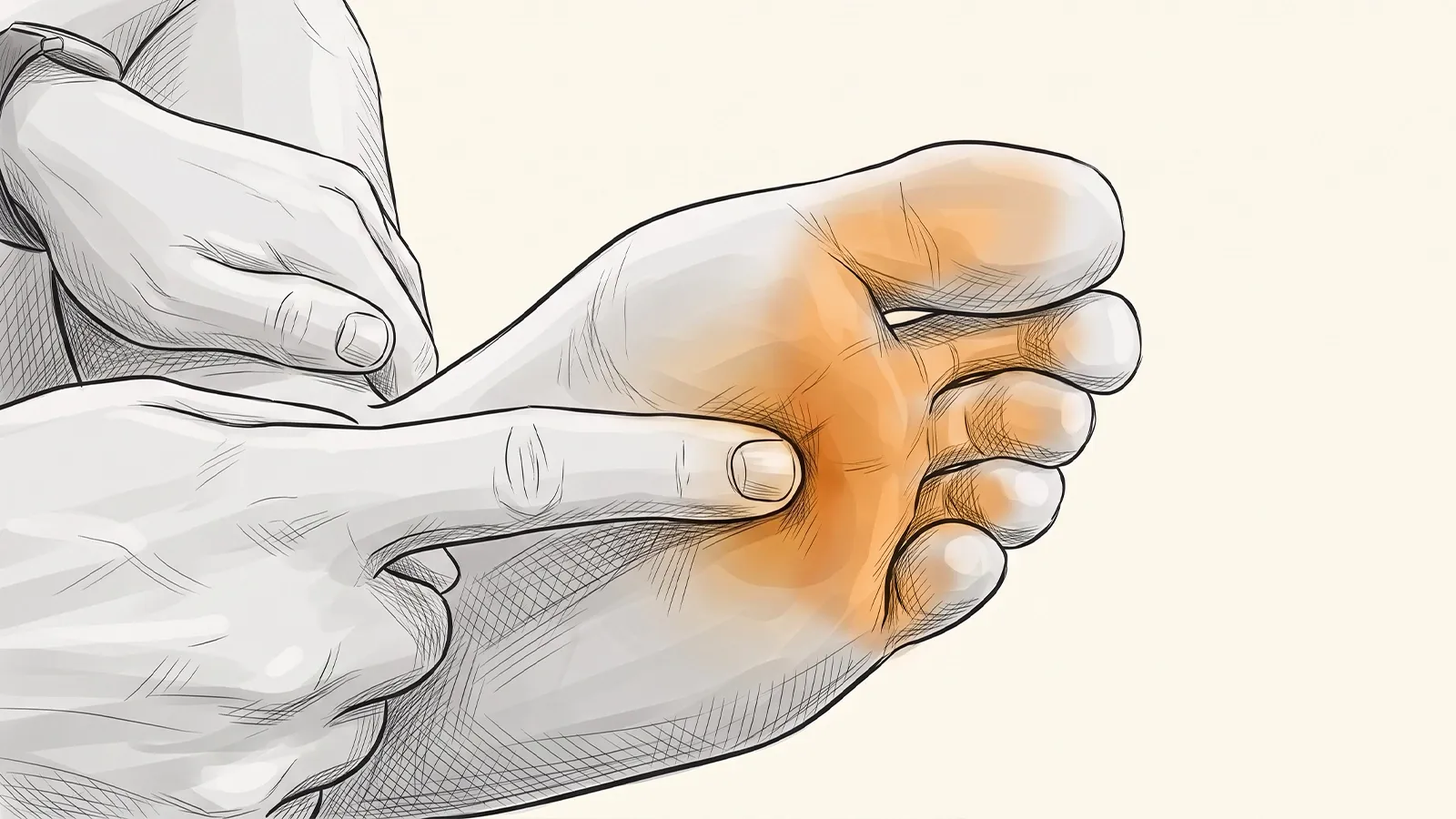 Illustration of a swollen web space between the third and fourth toes, with the pain spreading forward into the toes