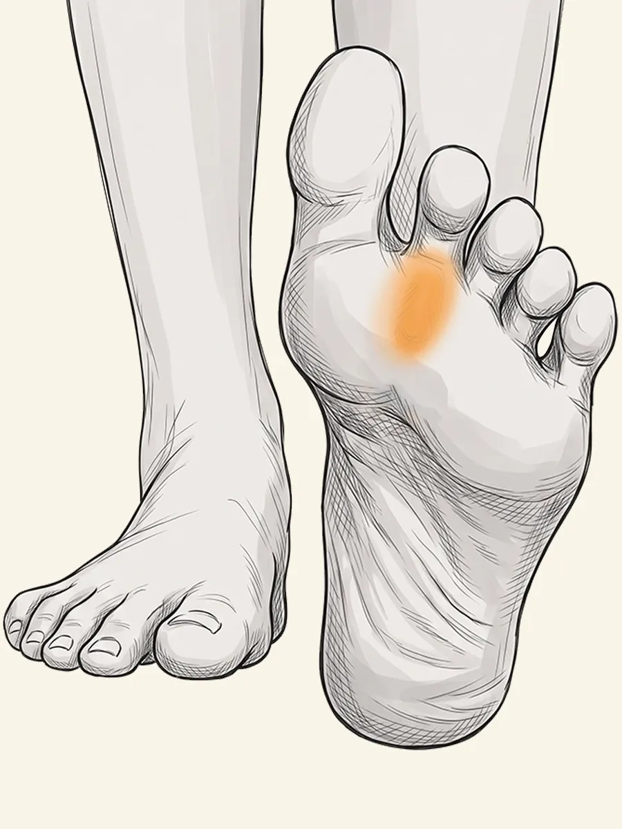 Illustration of a foot with the sole beside it, a sore area marked on the ball of the foot near the base of the toes
