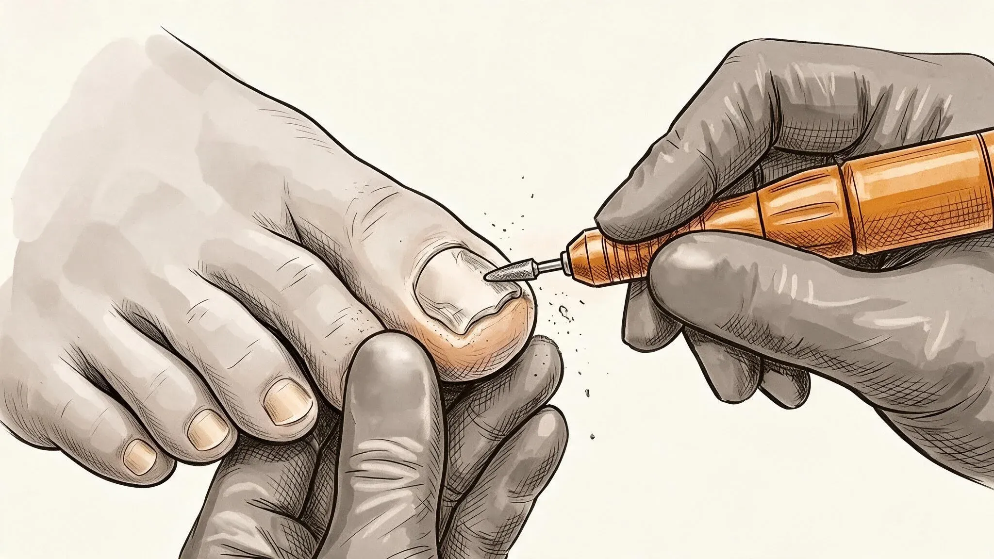 Illustration of a clinician using a nail file to carefully reduce a thickened toenail