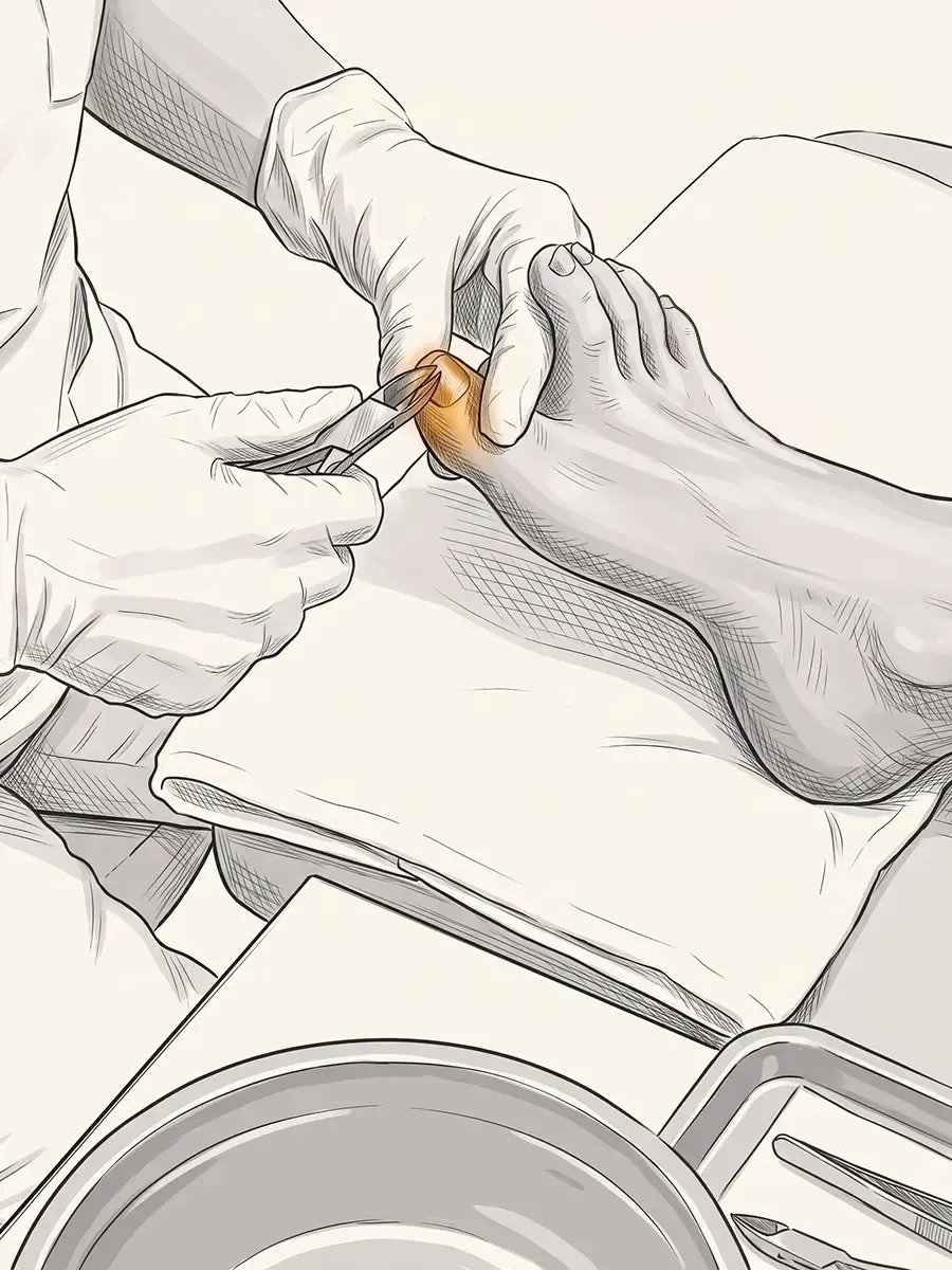 Illustration of a clinician professionally trimming and filing a toenail