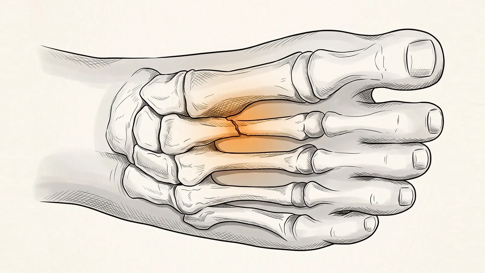 Illustration of a foot with the bones shown through it, a crack marked along the shaft of the second metatarsal