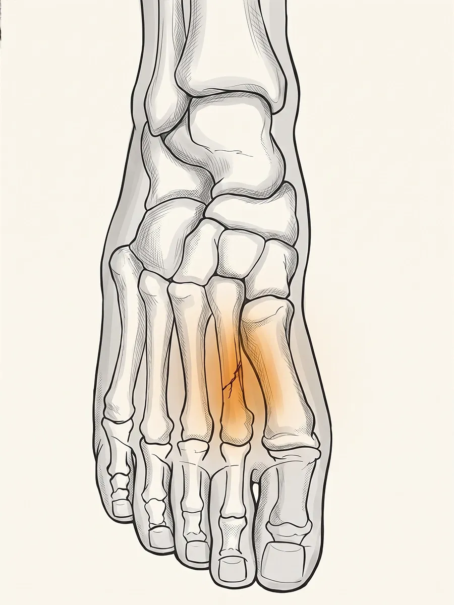 Illustration of the bones of the foot, with a stress fracture line through the shaft of the second metatarsal