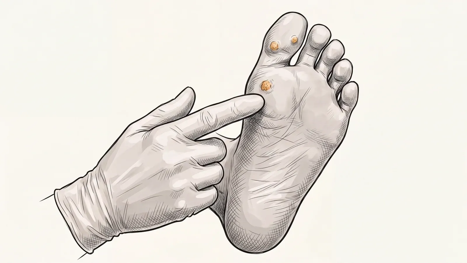A clinician's gloved hand pointing to multiple verrucae (plantar warts) on the sole of a foot during examination
